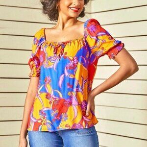 ModCloth In All My Vibrance Peasant Blouse Top 2X Orange Blue Multi Bali Floral